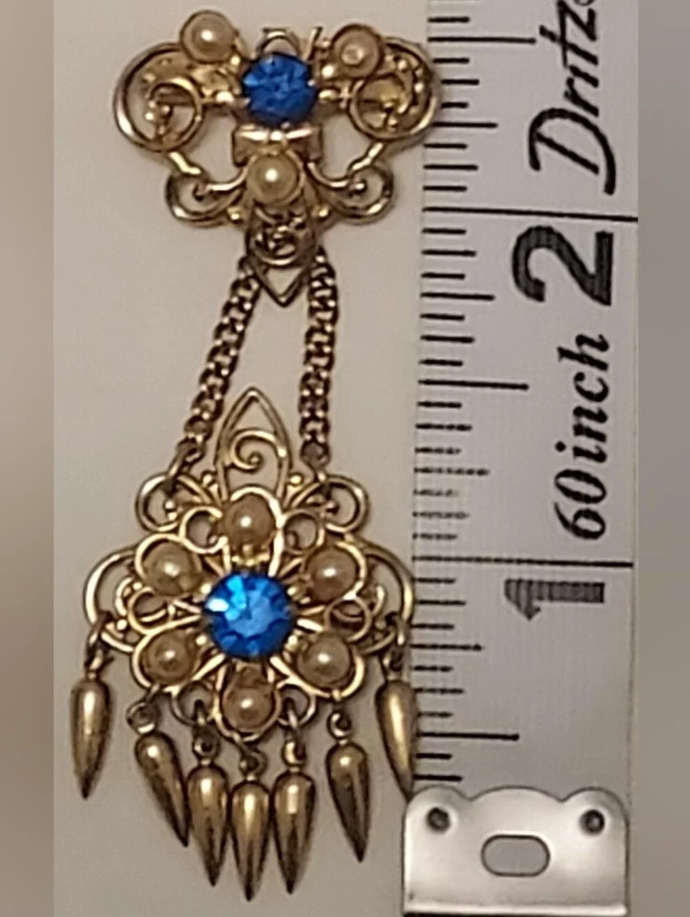 Vintage Goldtone Filigree Chatelaine Brooch Blue Rhinestones Faux Pearls 2.5in.